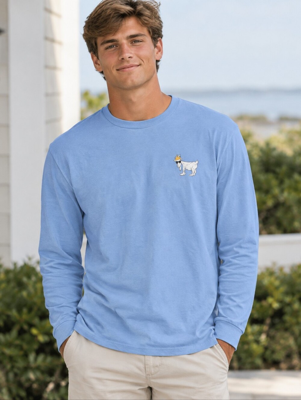 GOAT USA OG Long Sleeve Tee Light Blue Small Crown Goat Logo Comfort Colors